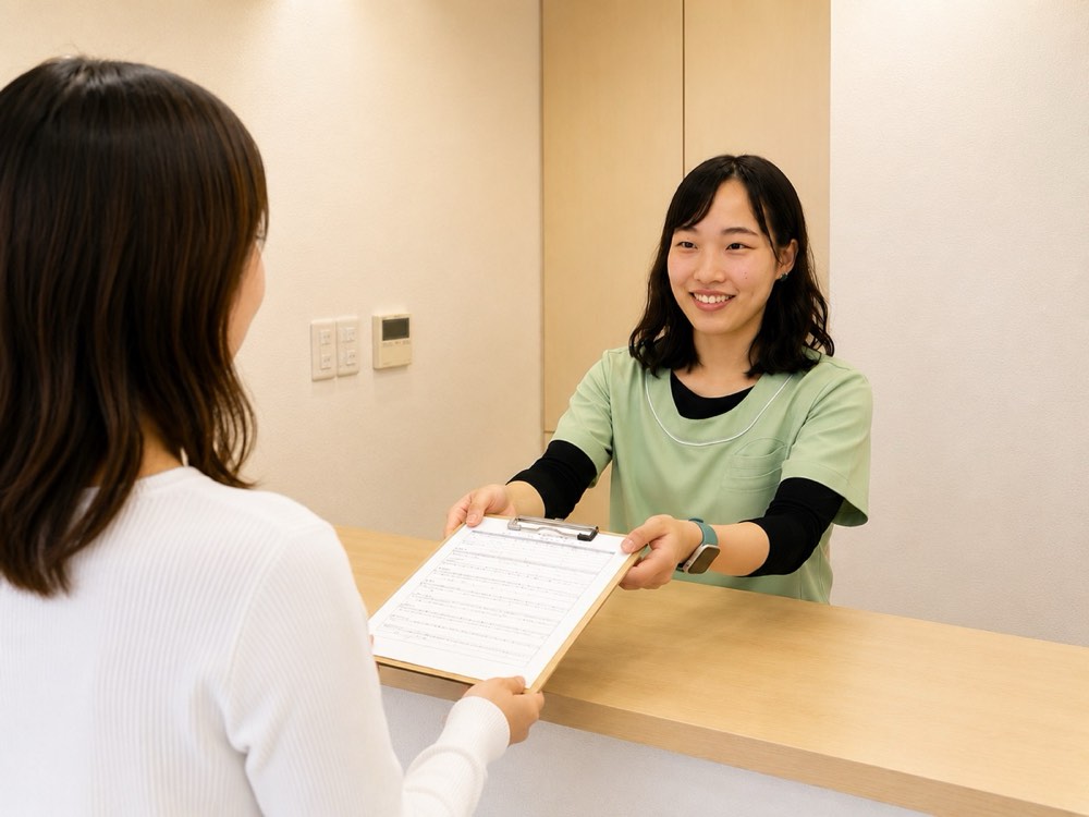 受付で問診票をお渡しする様子