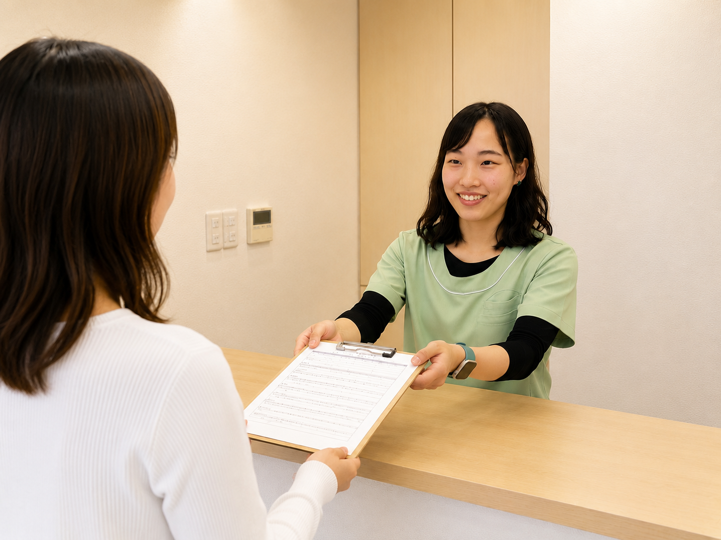 受付で問診票をお渡しする様子